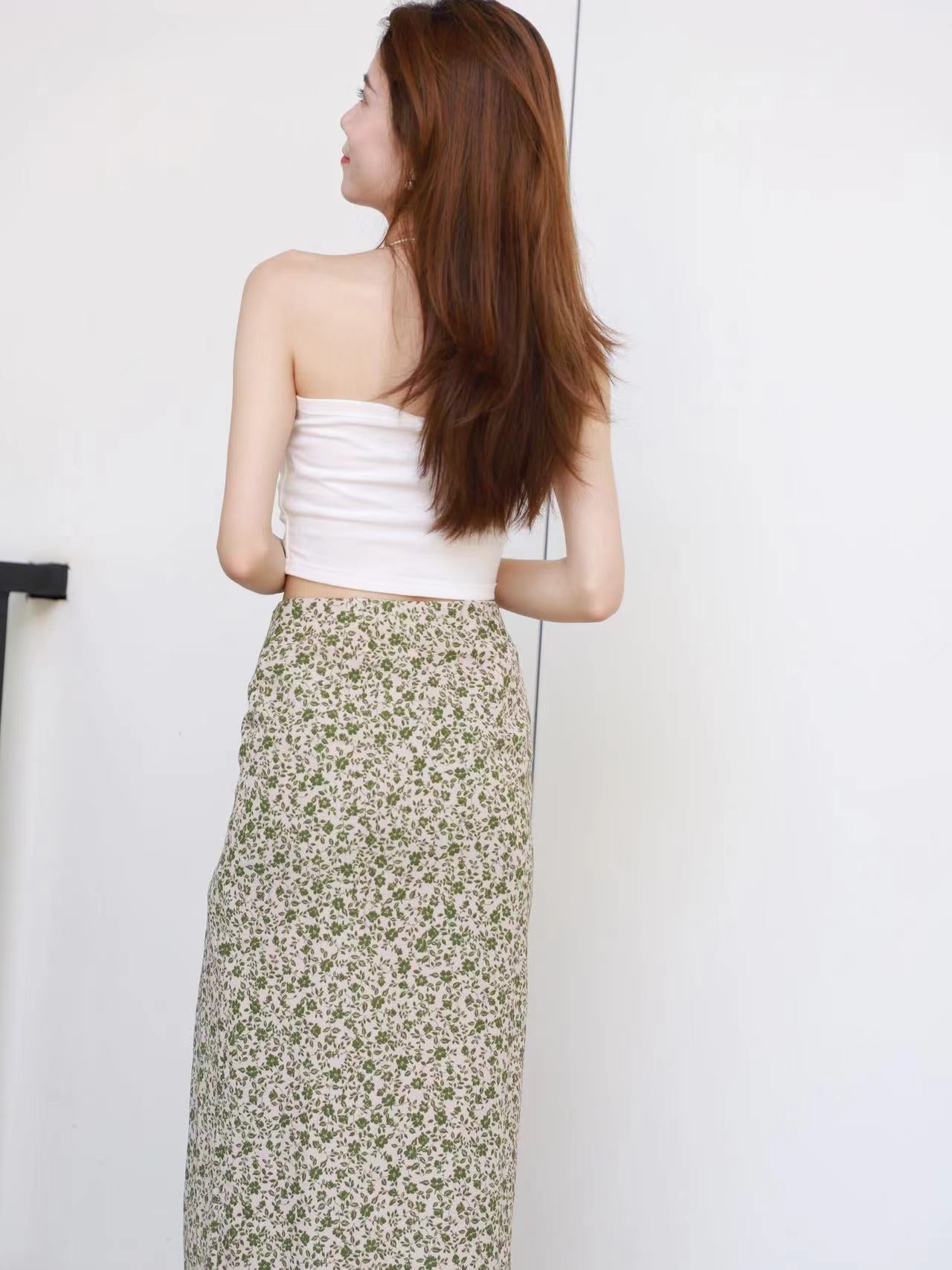 Green Floral Slit Maxi Skirt