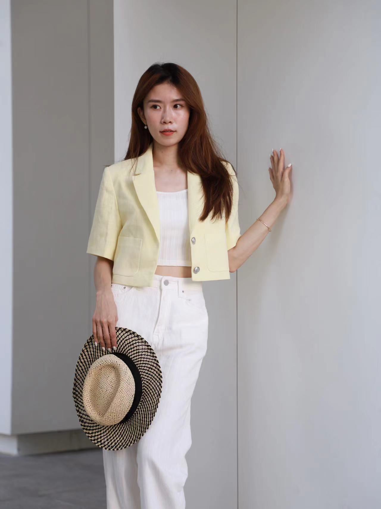 Cropped Linen Blazer with pads