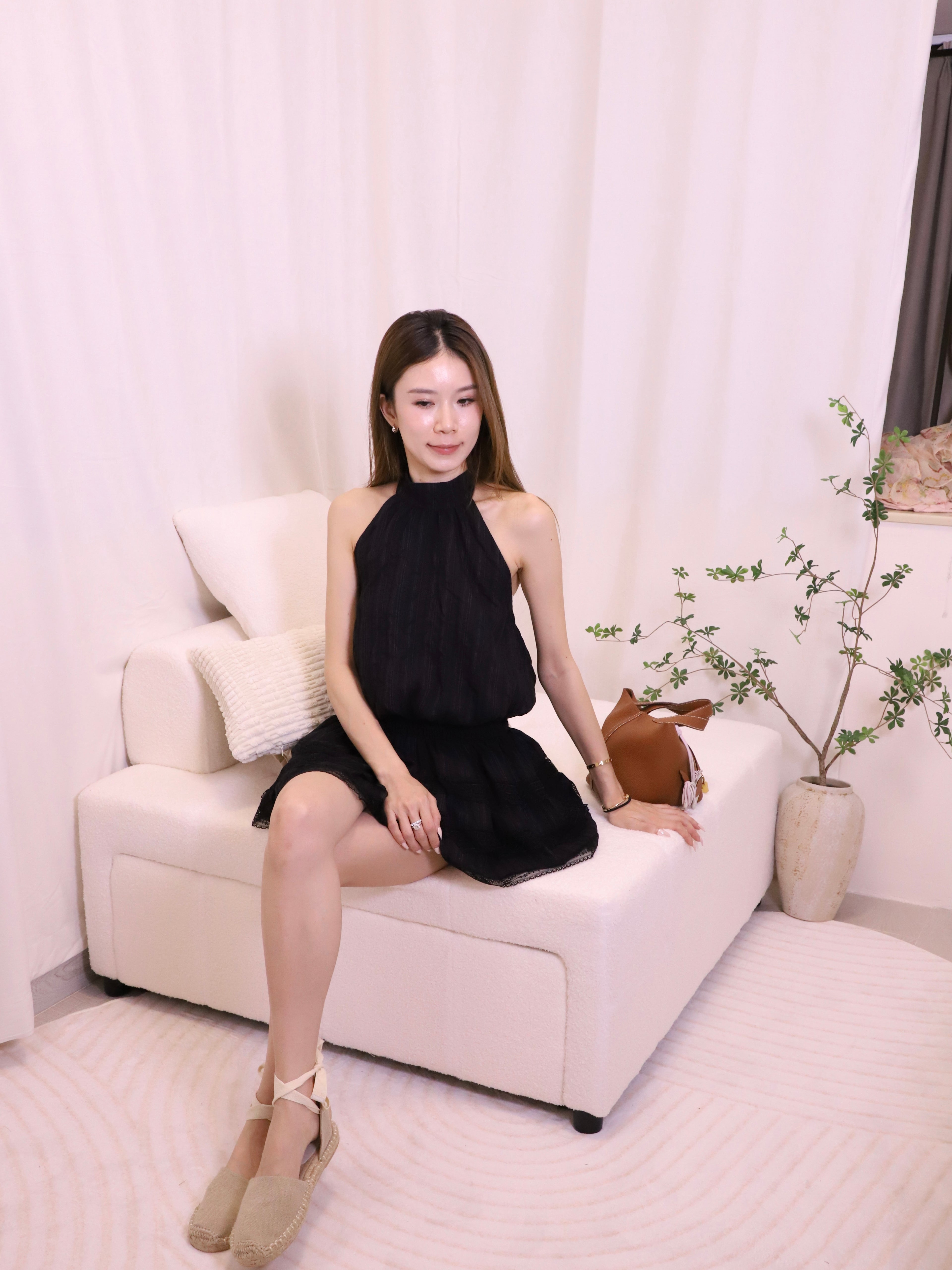Puffy Cross Neck Lace Mini Dress
