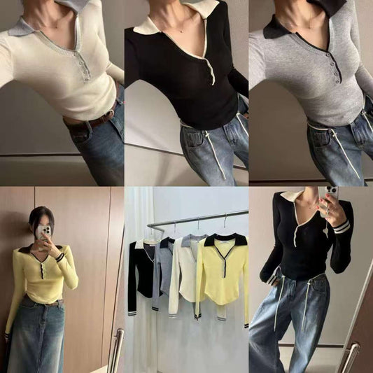 Mix Collar Knitted Long Sleeves Top