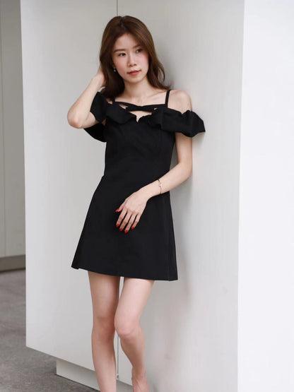 Small Ribbon Ruffles Off Shoulder Mini Dress