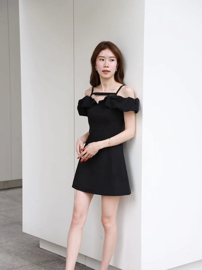 Small Ribbon Ruffles Off Shoulder Mini Dress