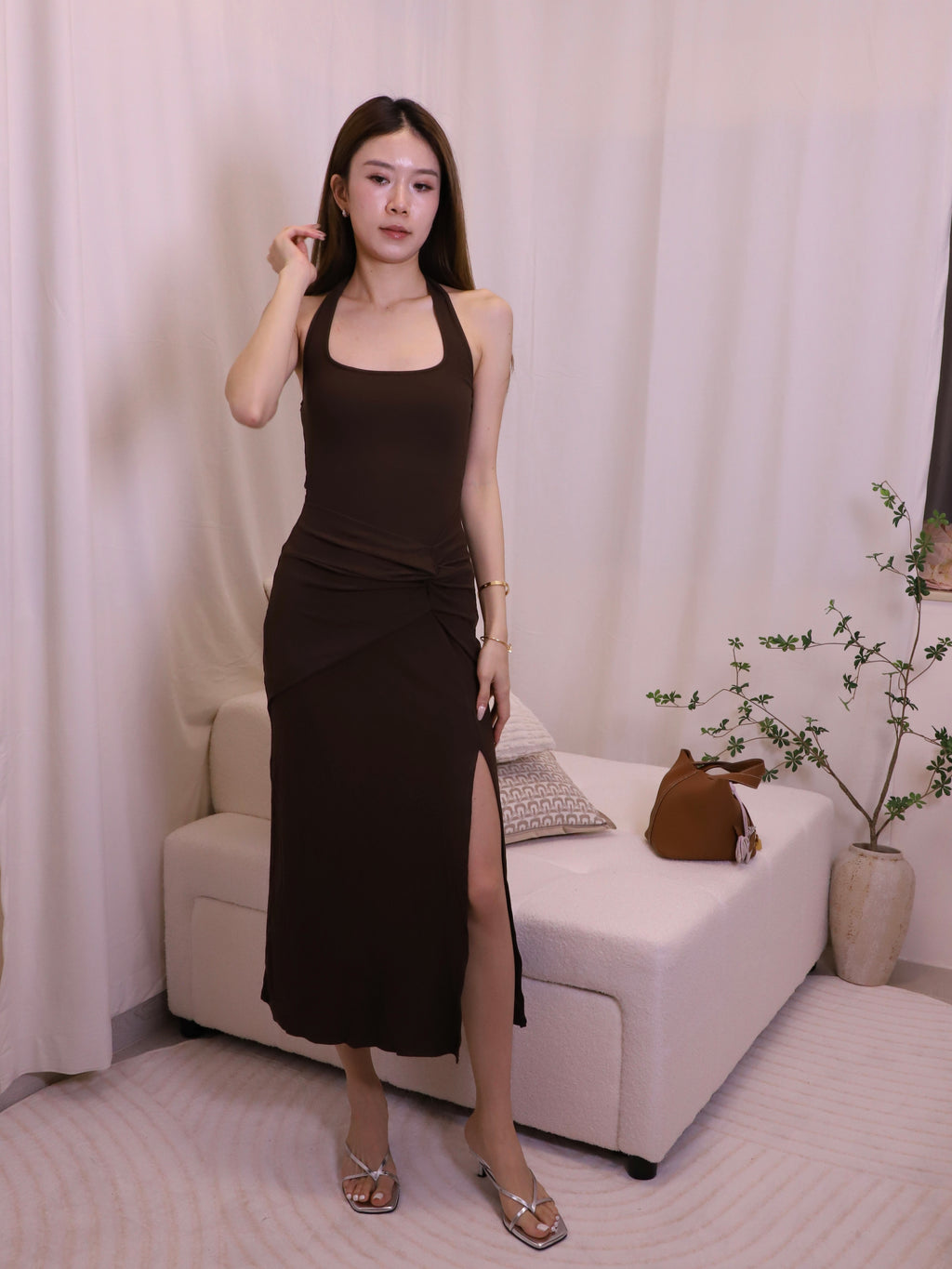 ashchic made Tied Neck Slit Maxi Dress with pads
