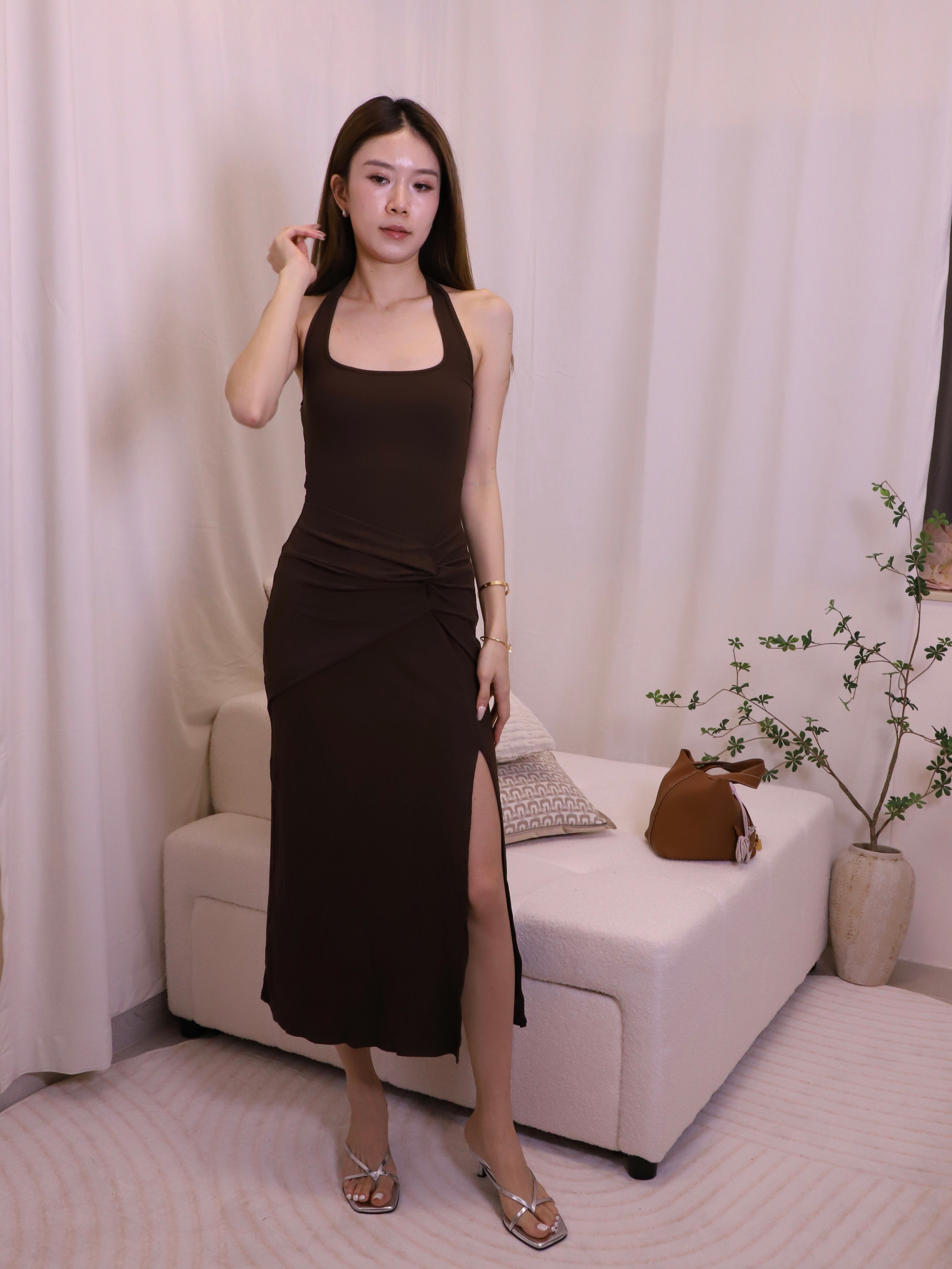 ashchic made Tied Neck Slit Maxi Dress with pads