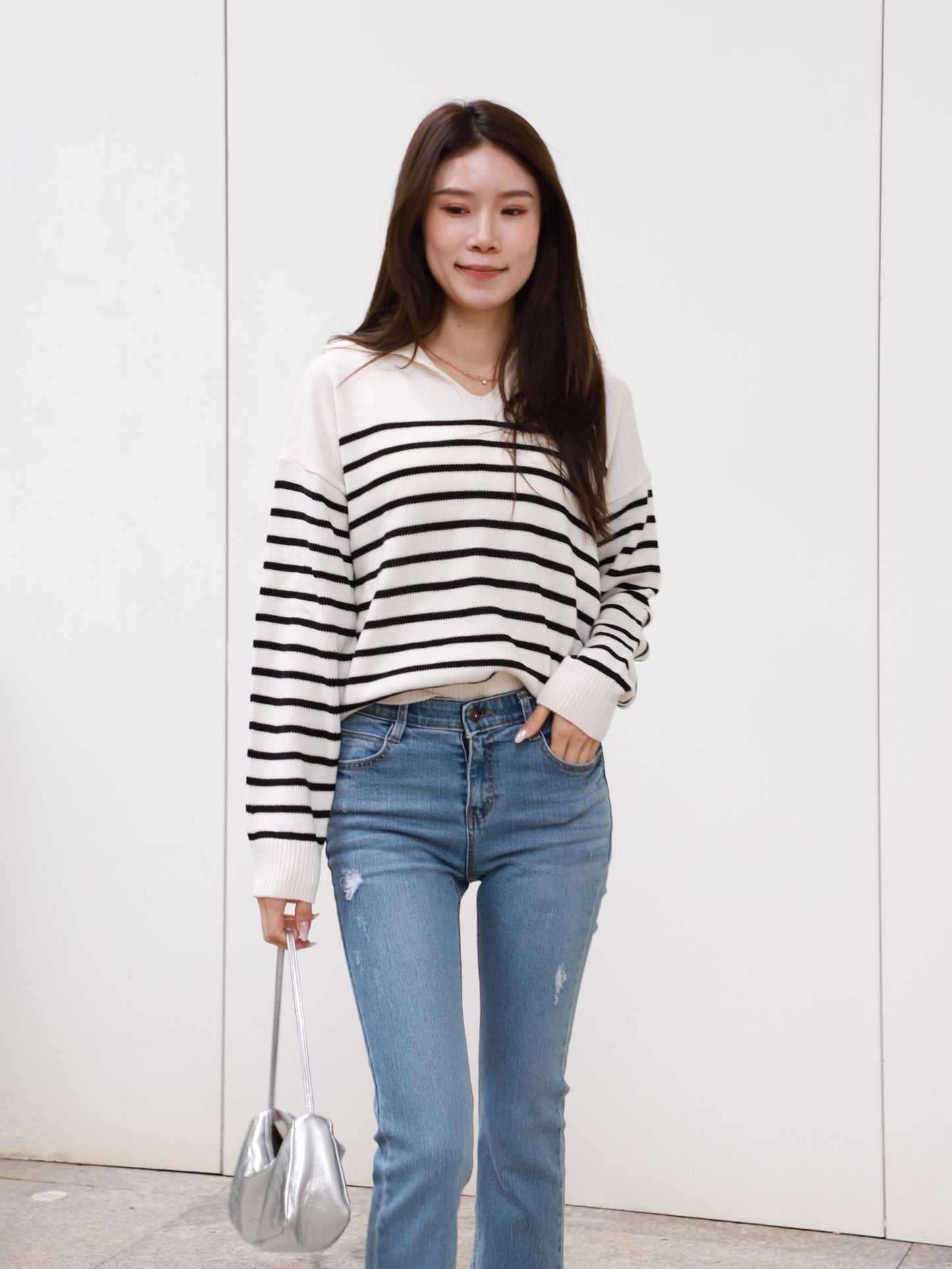 Striped Knitted V Top