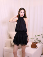 Puffy Cross Neck Lace Mini Dress