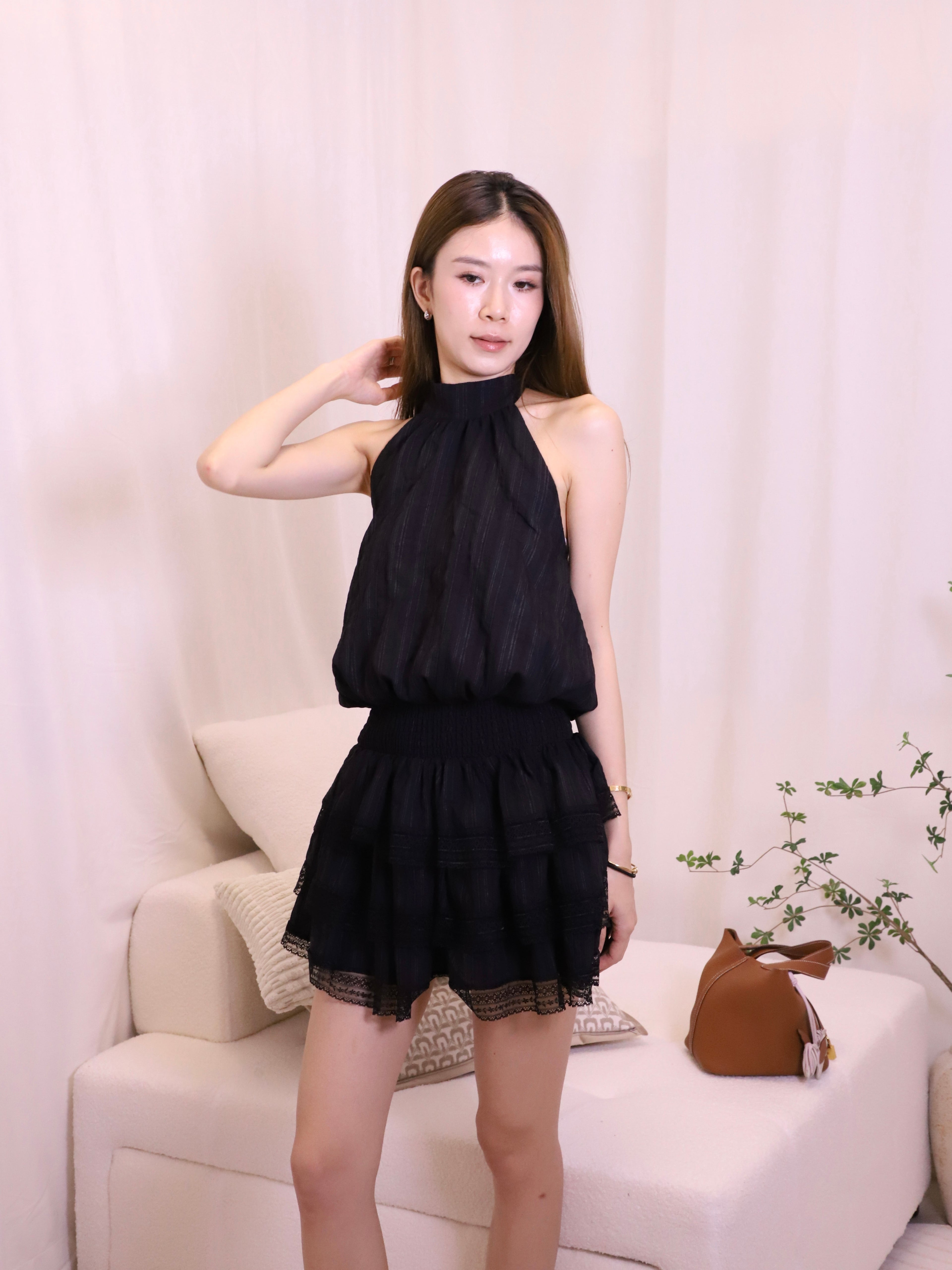 Puffy Cross Neck Lace Mini Dress