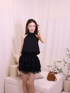 Puffy Cross Neck Lace Mini Dress