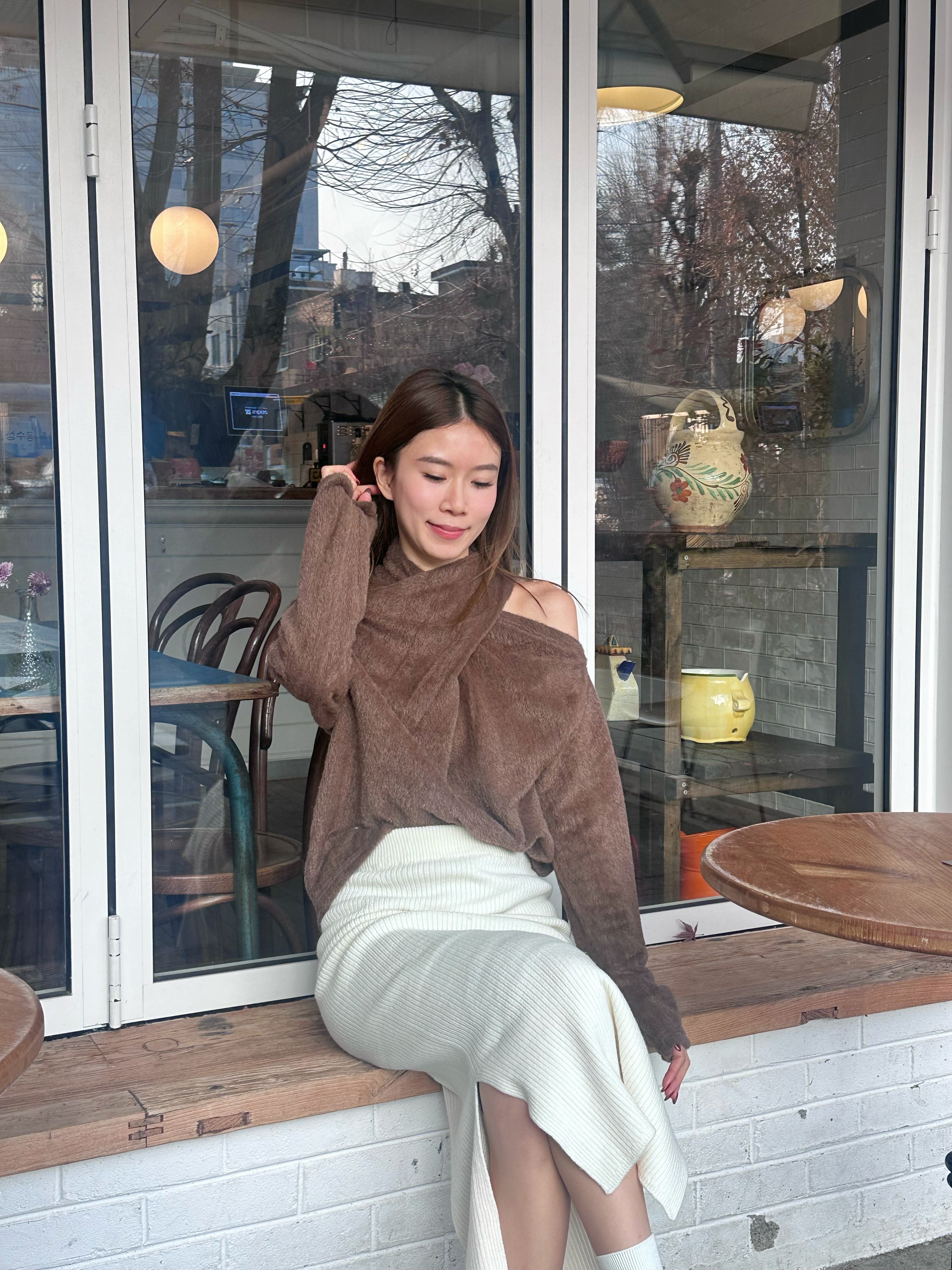 Cross Shoulder Fluffy Long Sleeves Top