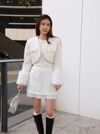 Fluffy Sleeves Cropped Tweed Jacket