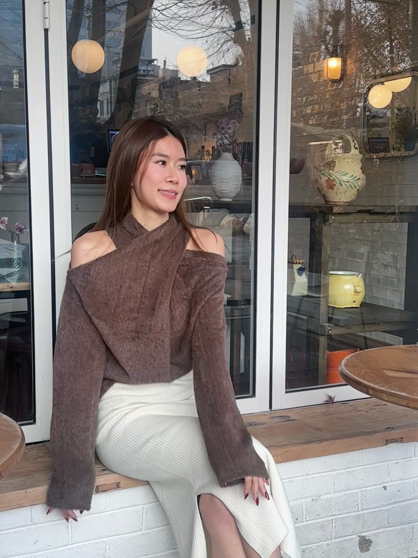 Cross Shoulder Fluffy Long Sleeves Top