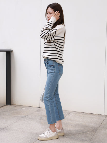 Striped Knitted V Top