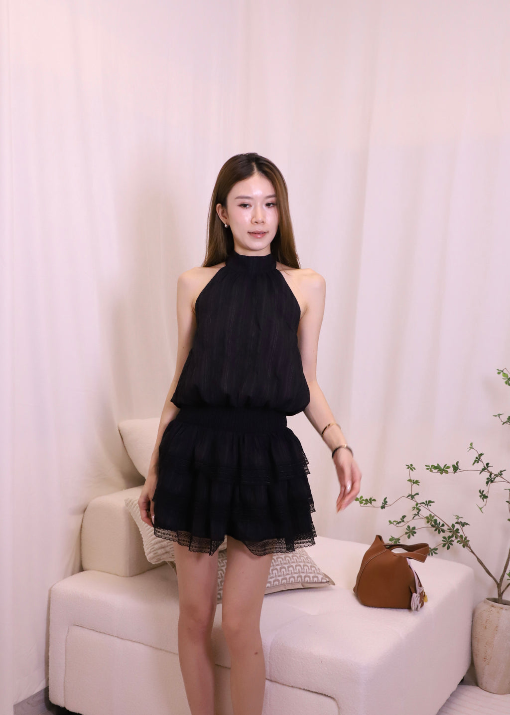 Puffy Cross Neck Lace Mini Dress