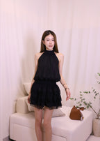 Puffy Cross Neck Lace Mini Dress