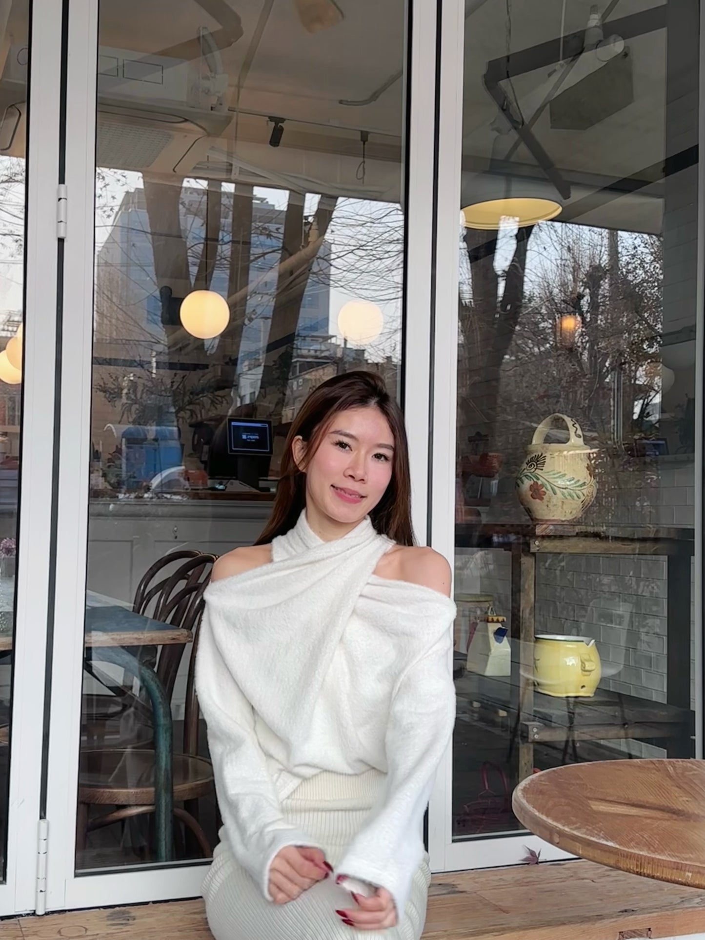 Cross Shoulder Fluffy Long Sleeves Top