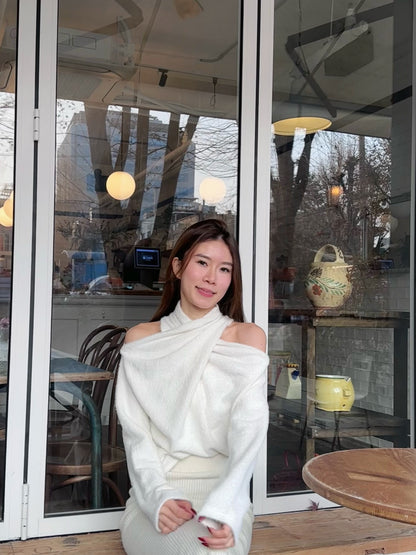 Cross Shoulder Fluffy Long Sleeves Top