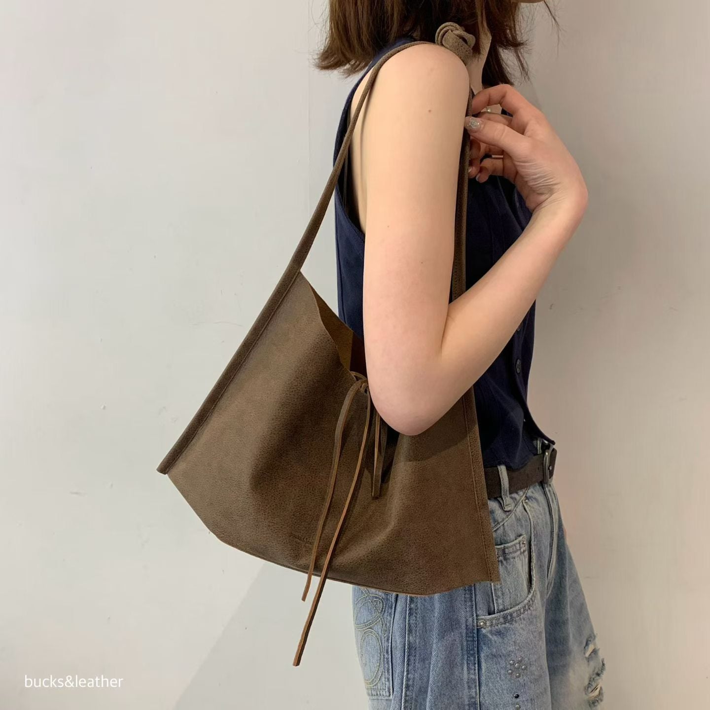 Real Leather Tied Ribbon Shoulder Bag