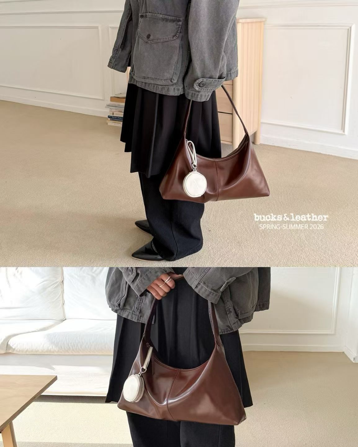 Real Leather Triangle Zipped Bag 牛皮亮面