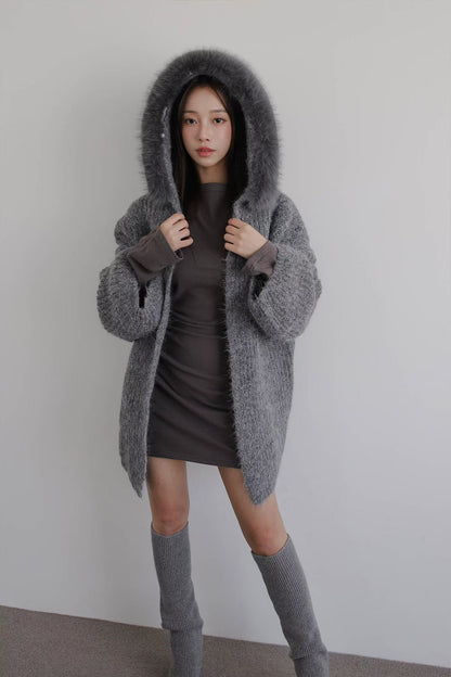 Fluffy Bear Removable Hat Cardigan