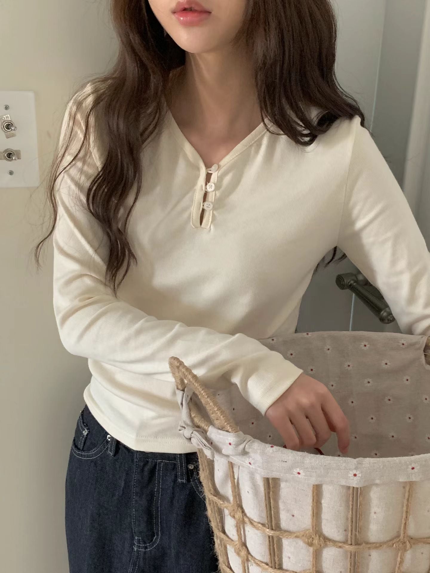 3 Button Cotton Long Sleeves Top