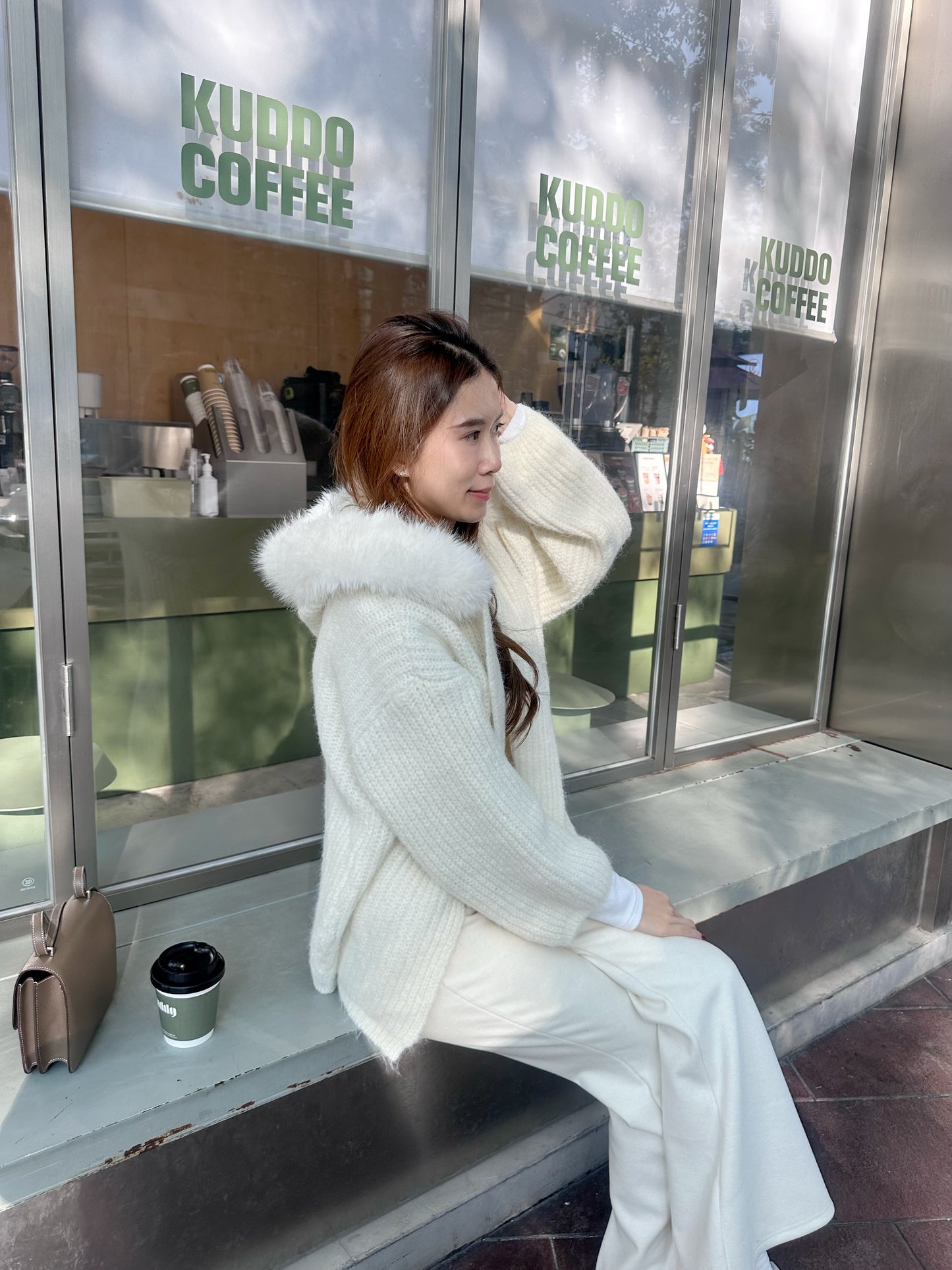 Fluffy Bear Removable Hat Cardigan