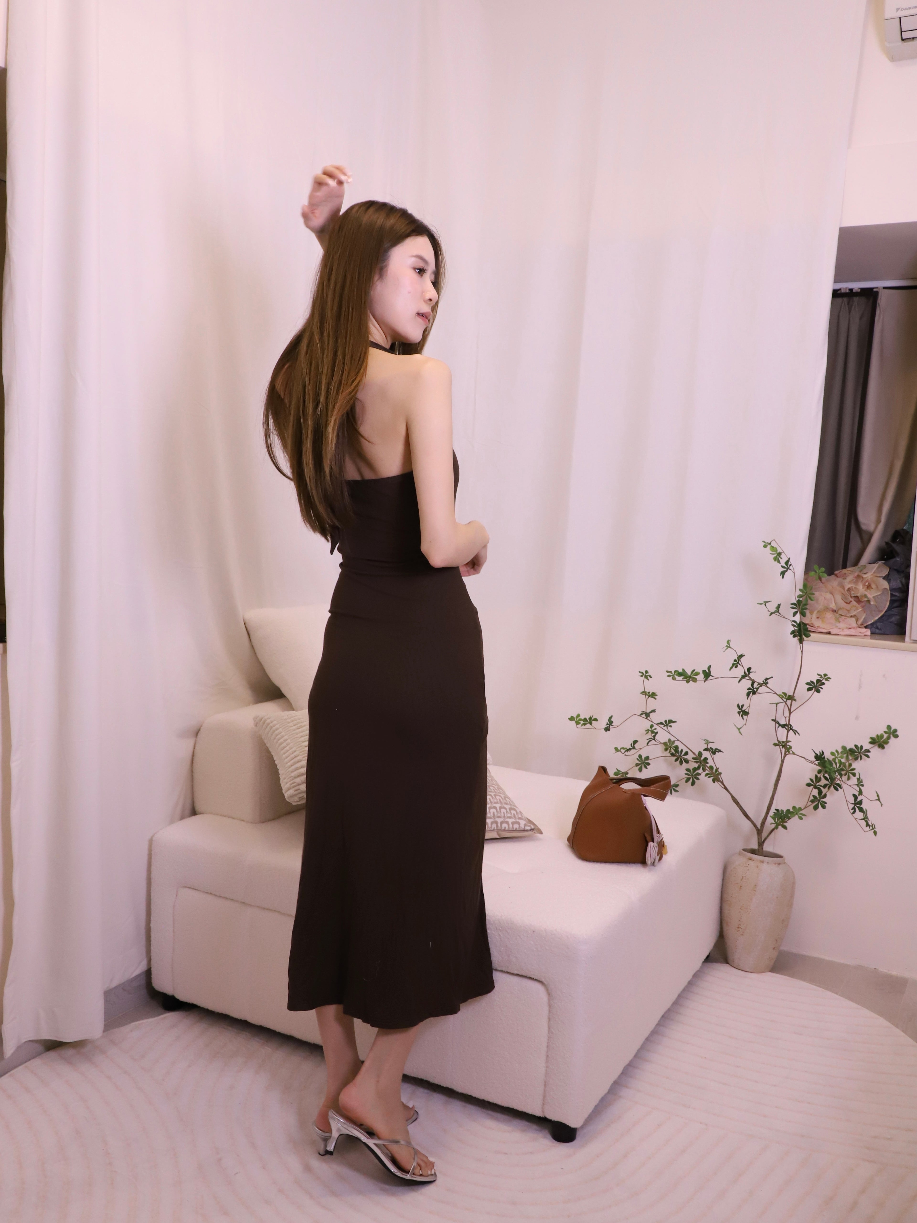 ashchic made Tied Neck Slit Maxi Dress with pads