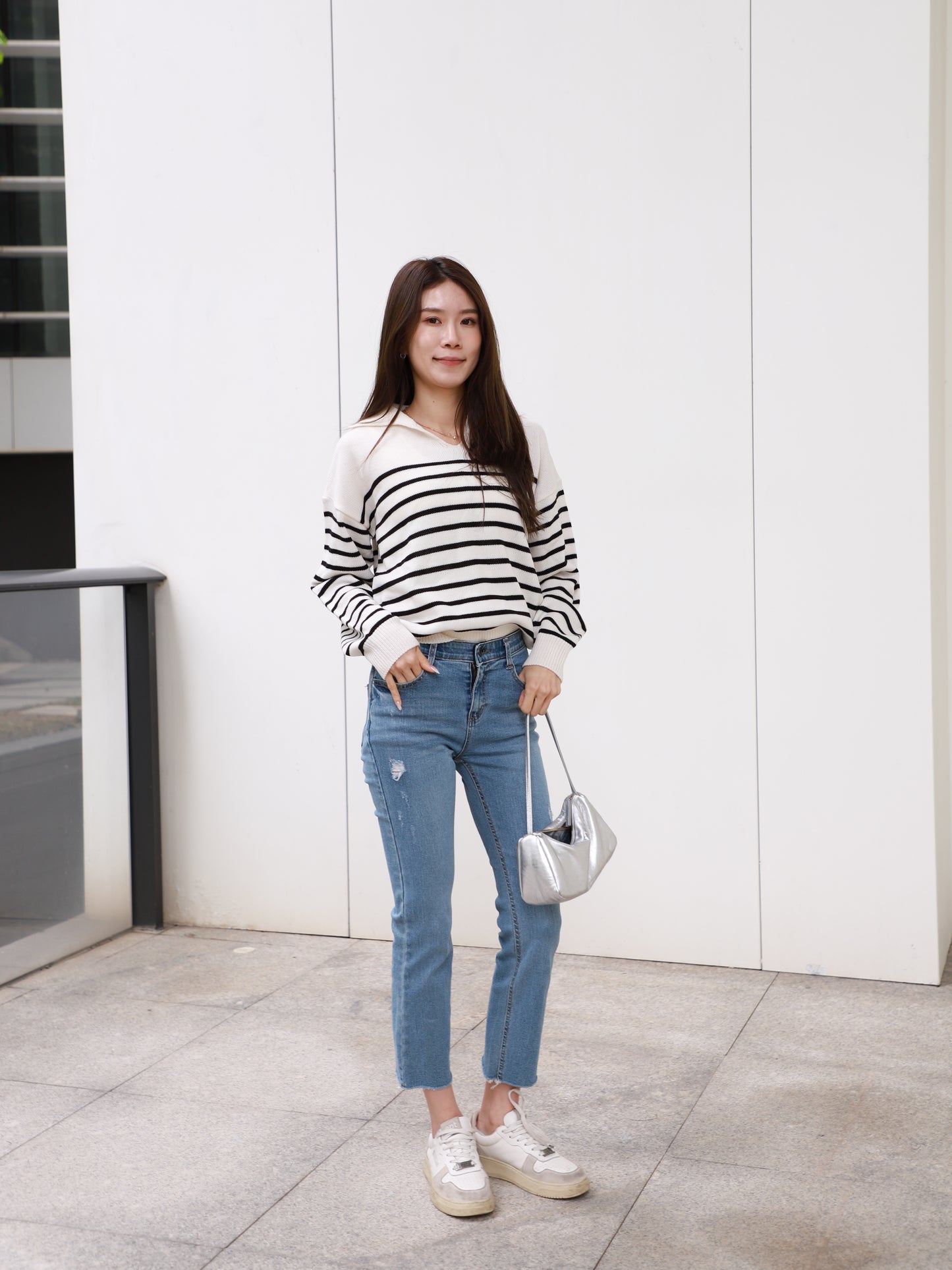 Striped Knitted V Top