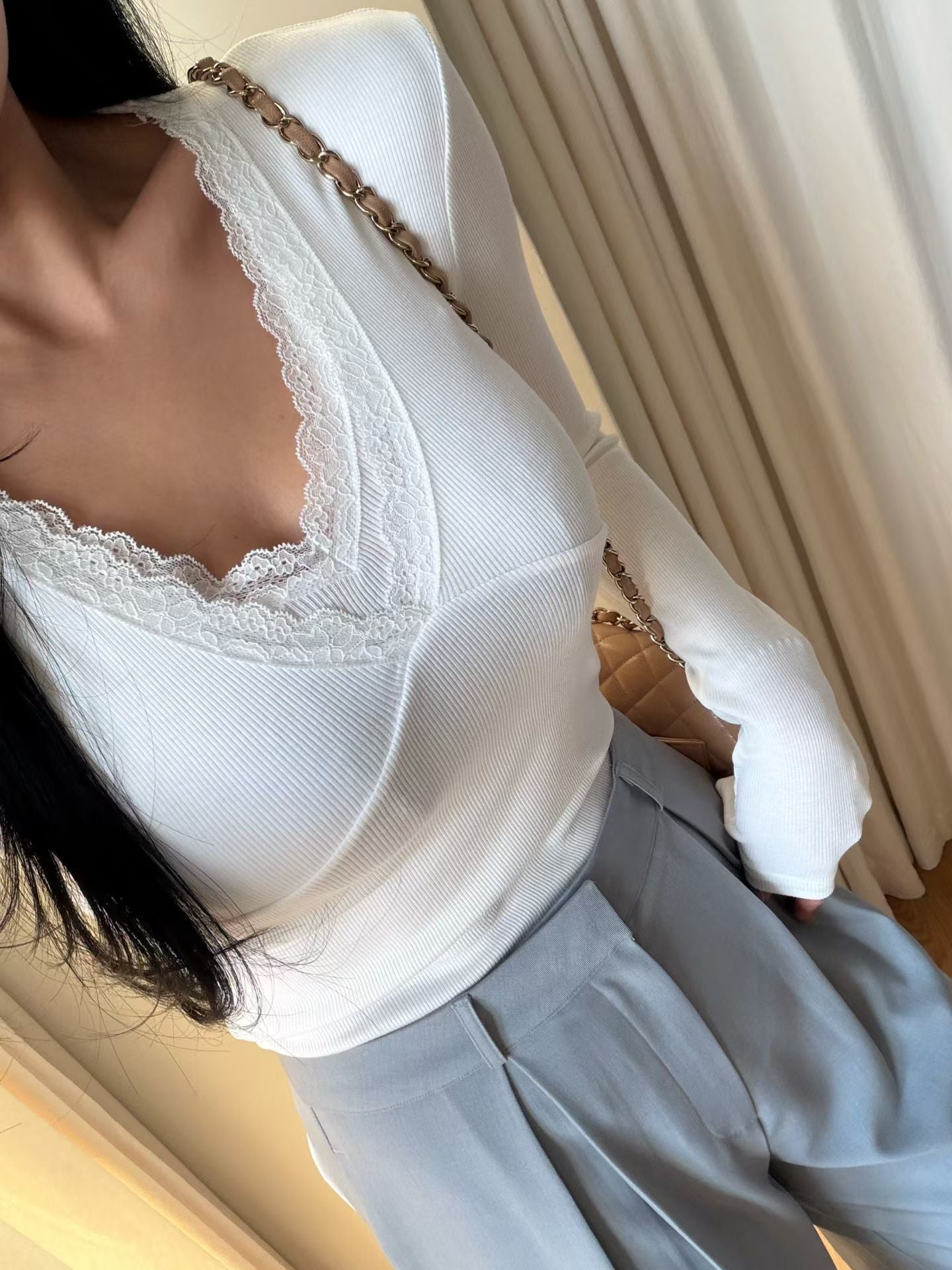 V Neck Lace Long Sleeves Top