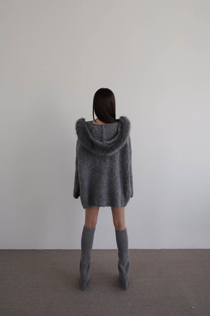 Fluffy Bear Removable Hat Cardigan