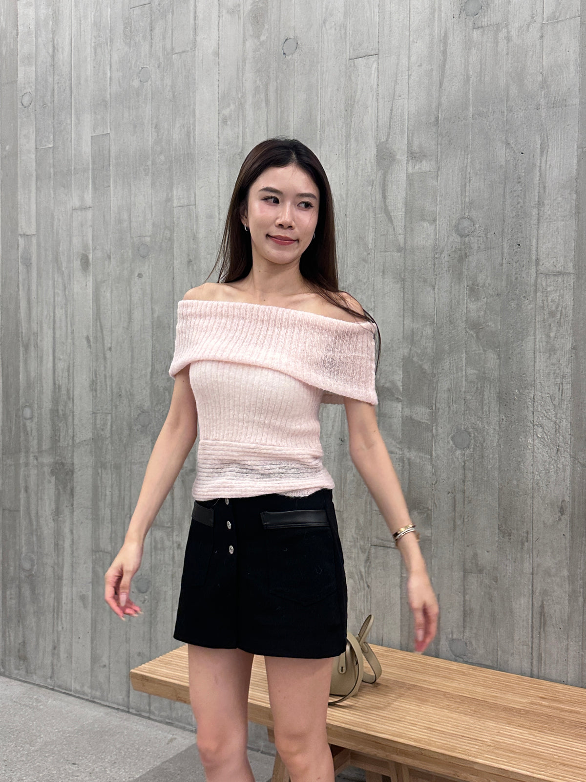 Pink off shoulder knitted top