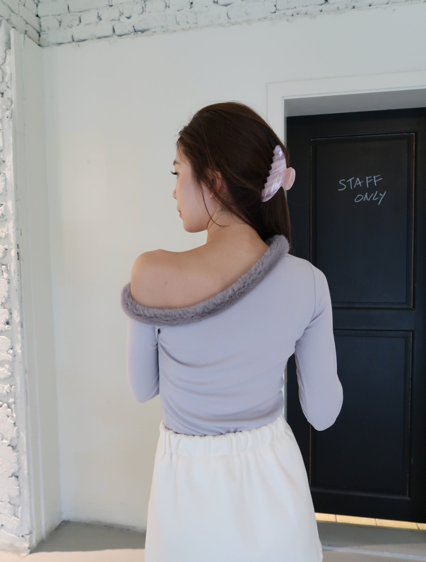 Fluffy One Side Long Sleeves Top