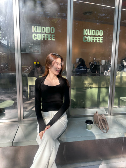 Squareneck Cotton Long Sleeves Top