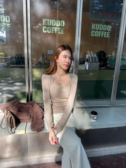 Squareneck Cotton Long Sleeves Top