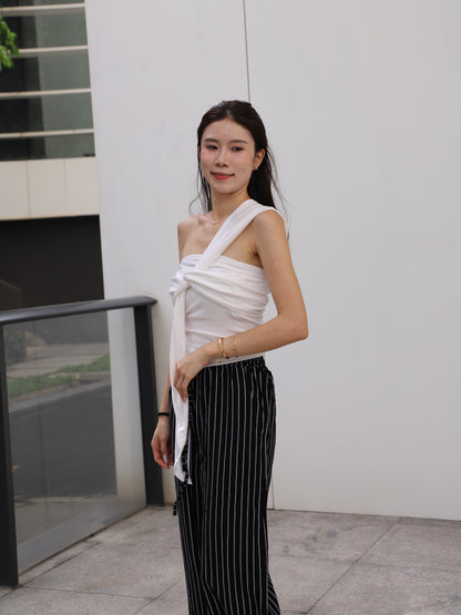 Ribbon Cross Shoulder Cotton T Top
