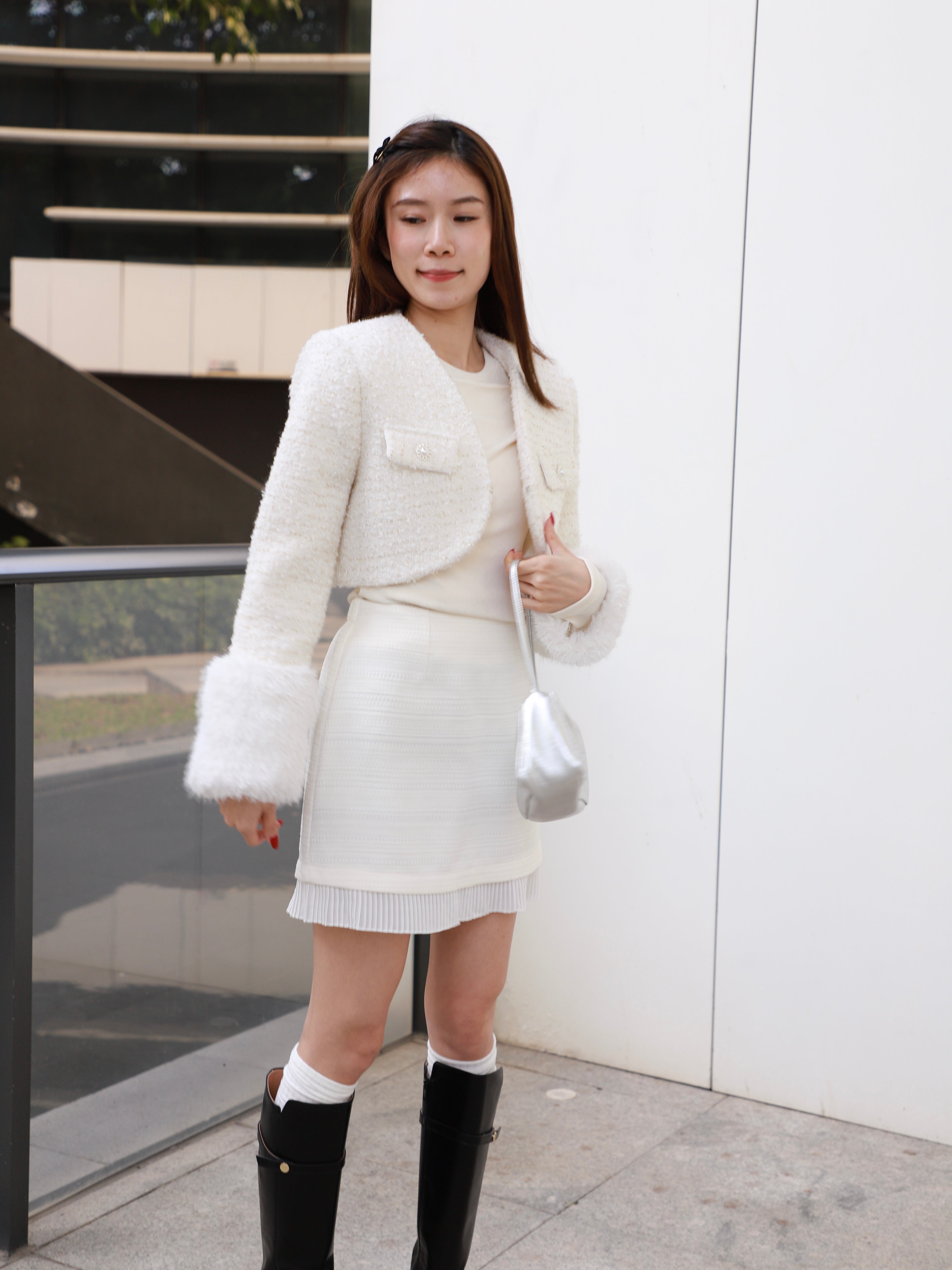 Fluffy Sleeves Cropped Tweed Jacket