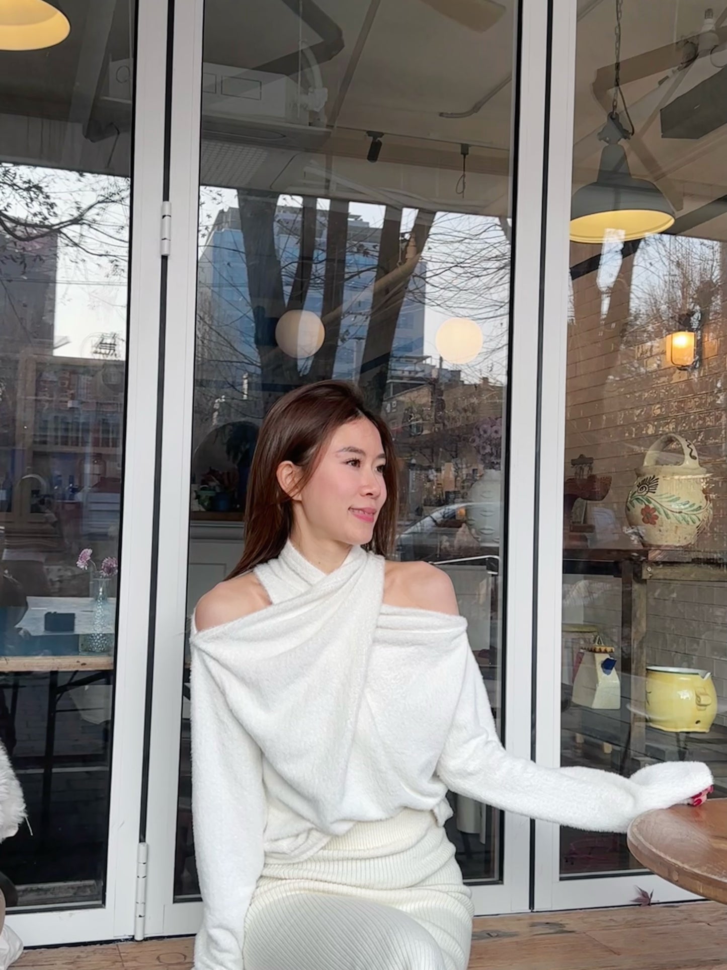 Cross Shoulder Fluffy Long Sleeves Top