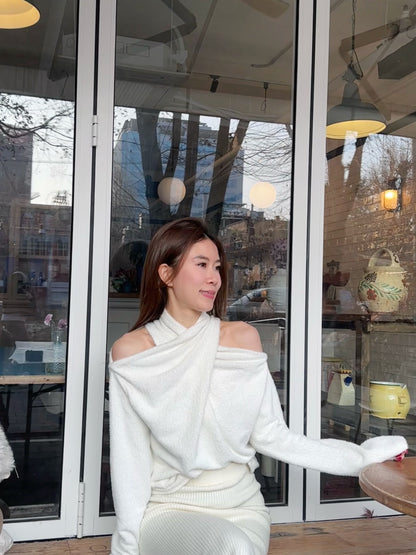 Cross Shoulder Fluffy Long Sleeves Top