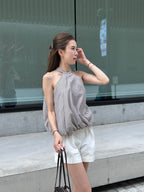 Puffy Striped Cross Neck Tank Top