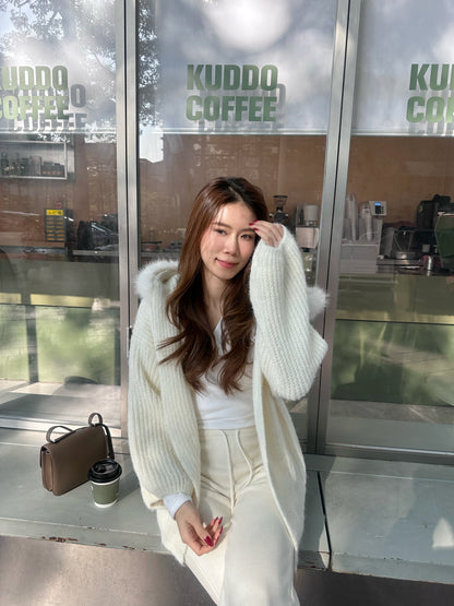 Fluffy Bear Removable Hat Cardigan