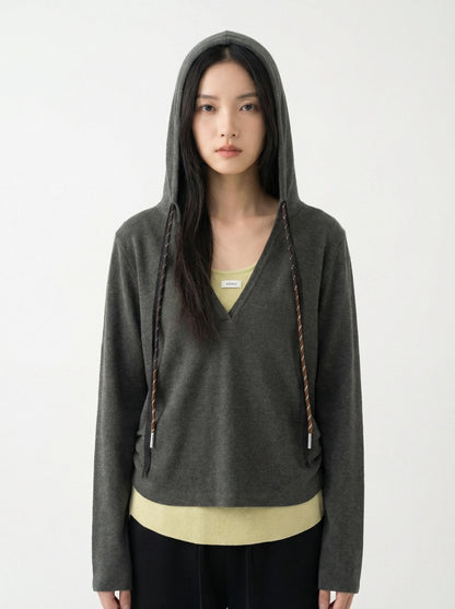 Mix Collar Tied Knitted Hoodie