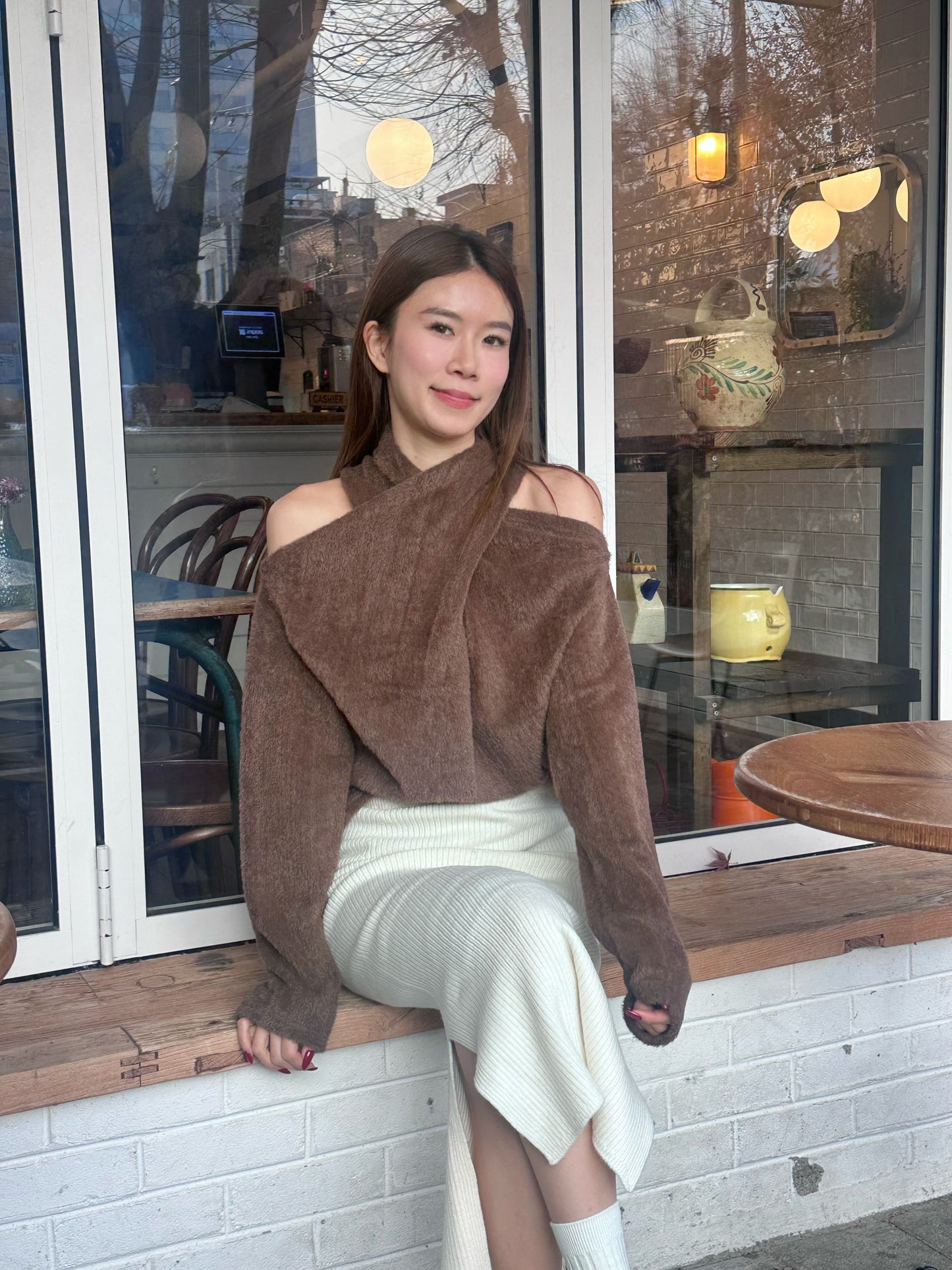 Cross Shoulder Fluffy Long Sleeves Top