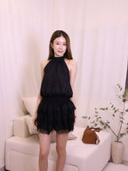 Puffy Cross Neck Lace Mini Dress