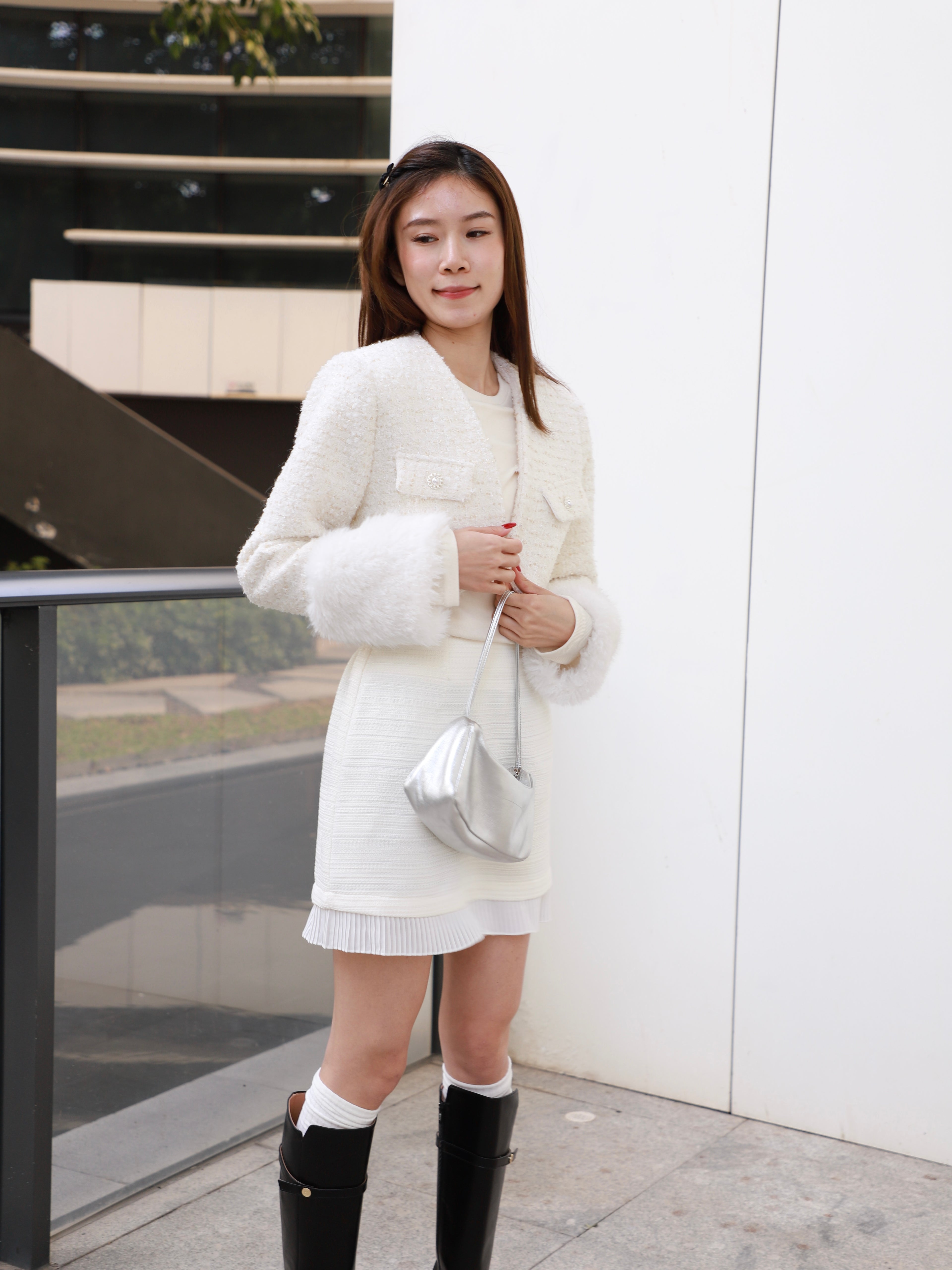 Fluffy Sleeves Cropped Tweed Jacket