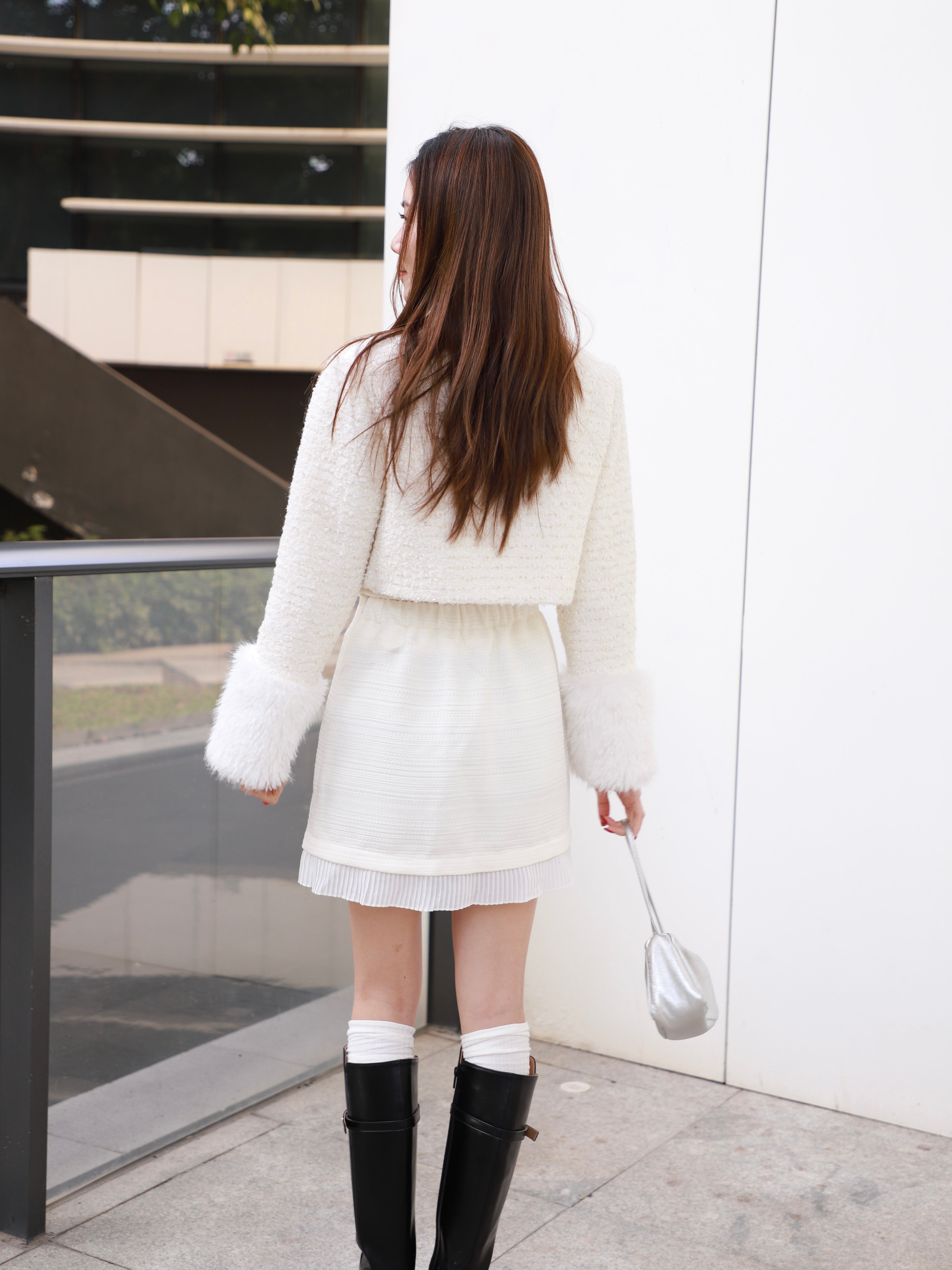 Fluffy Sleeves Cropped Tweed Jacket