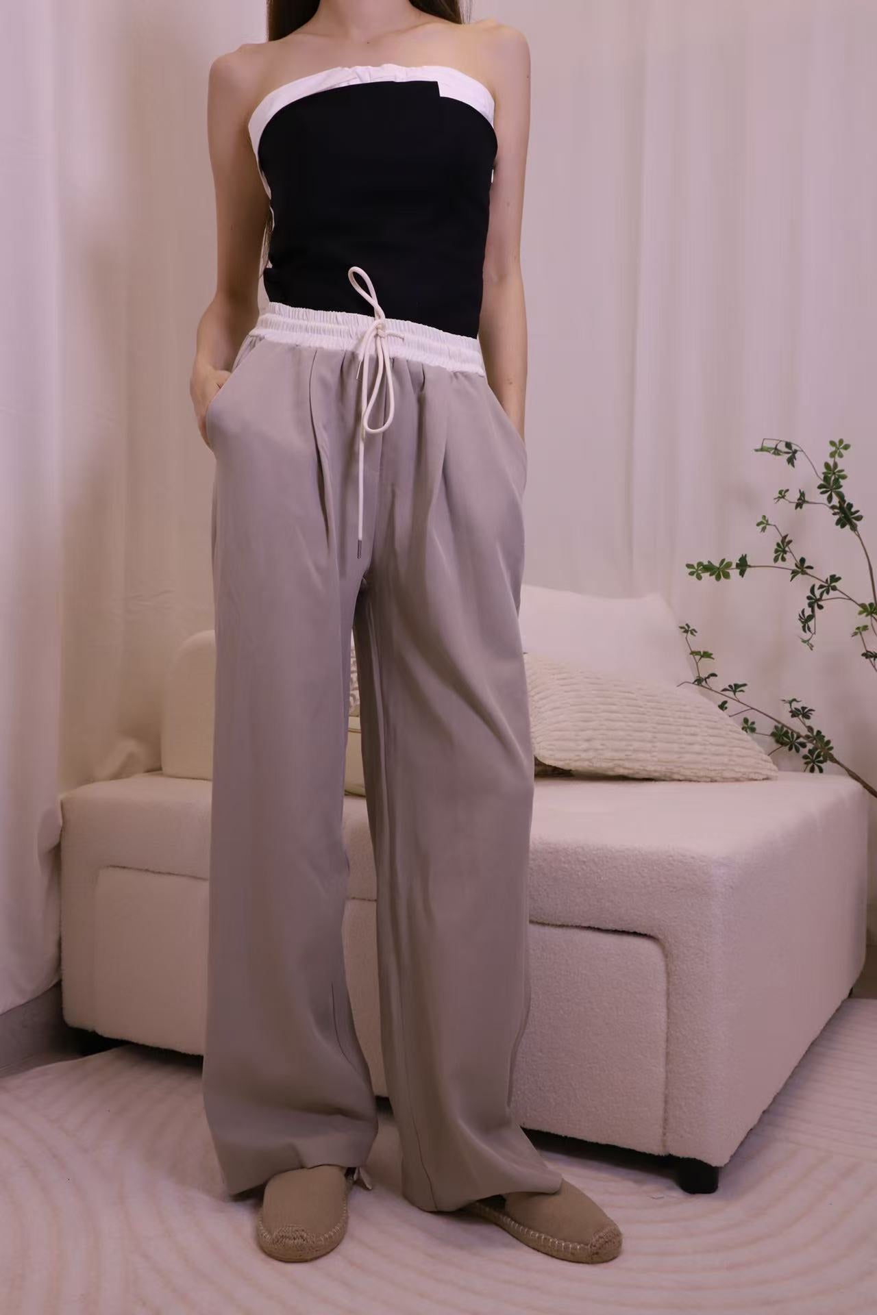 White Lined Chiffon Pants