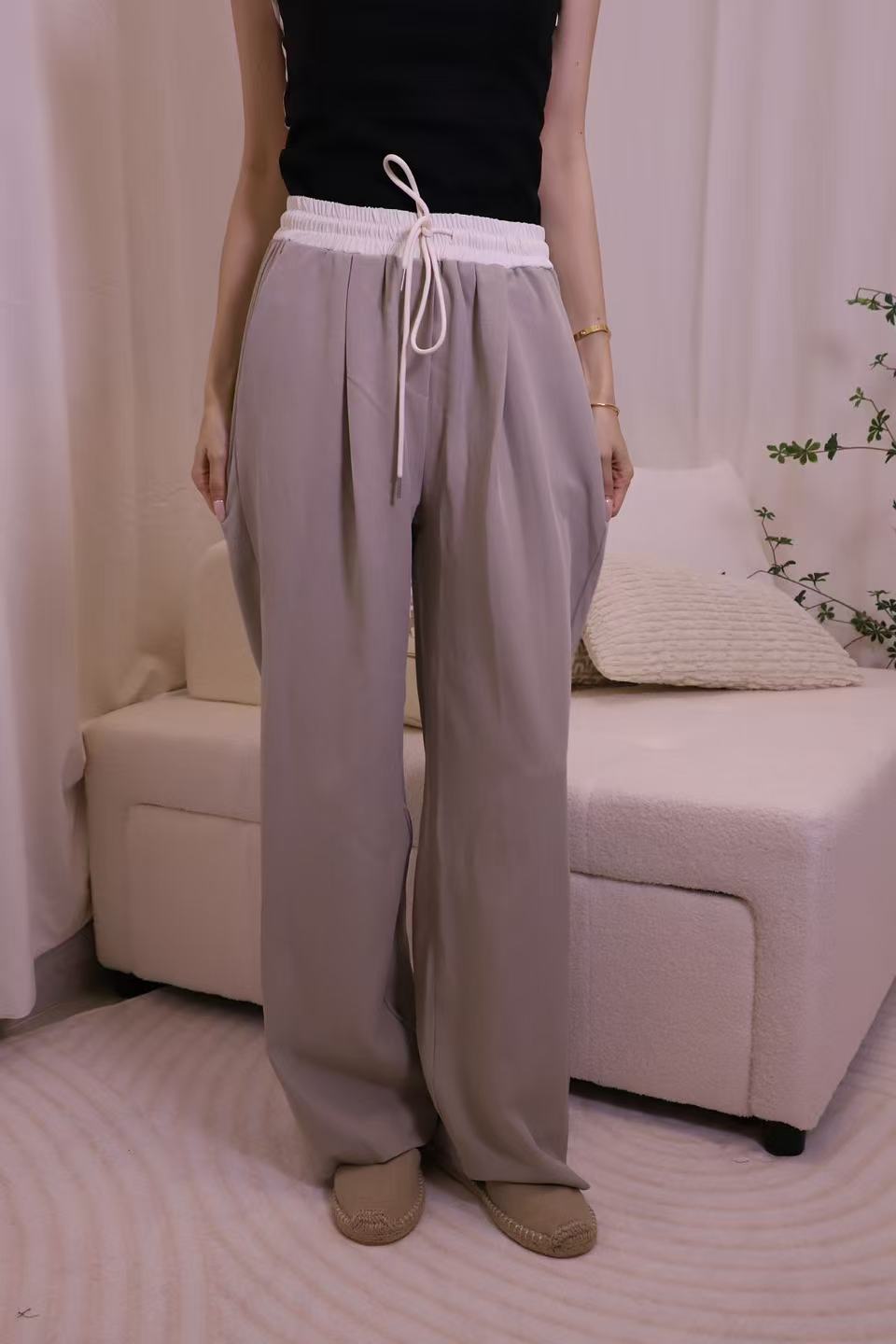 White Lined Chiffon Pants