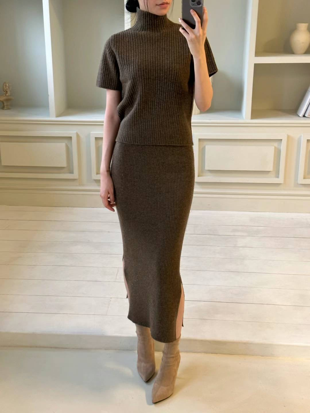 Turtle Neck Wool Knitted Top & Skirt Set