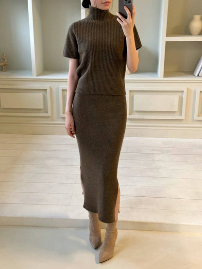 Turtle Neck Wool Knitted Top & Skirt Set