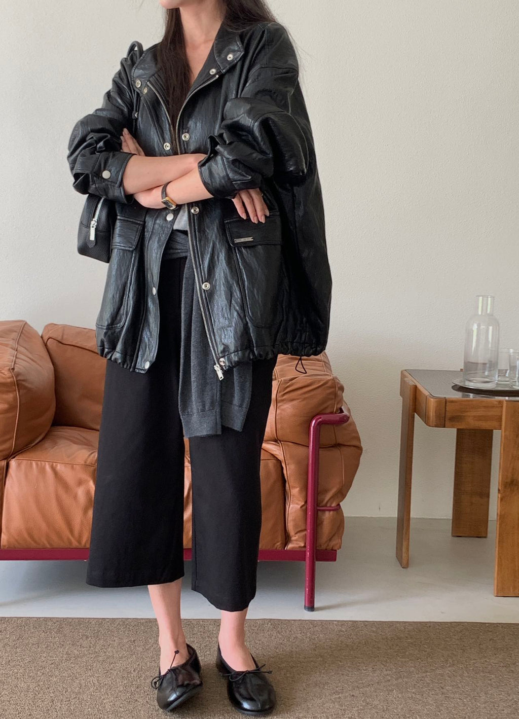 Mid length leather jacket