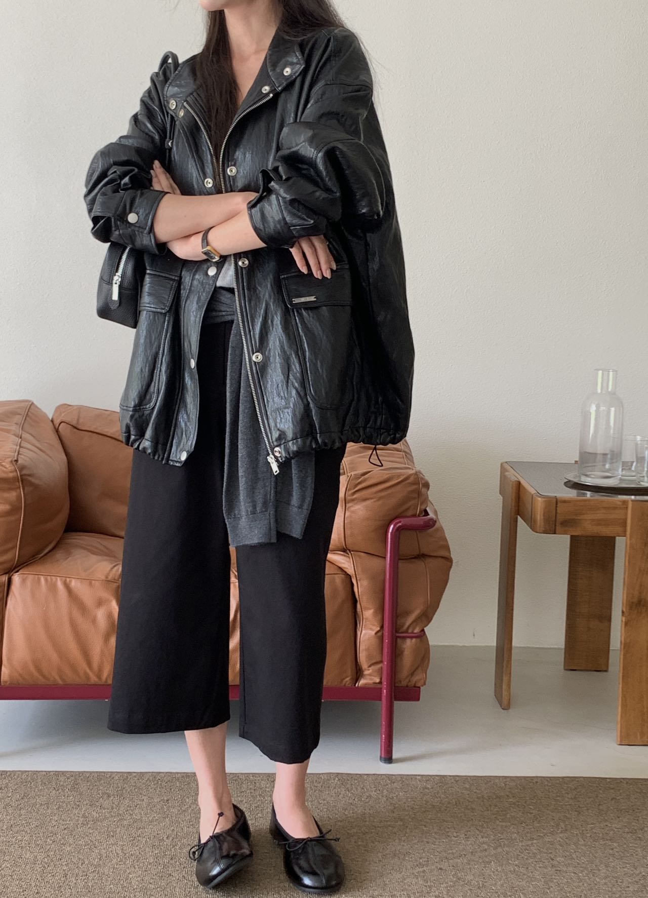 Mid length leather jacket